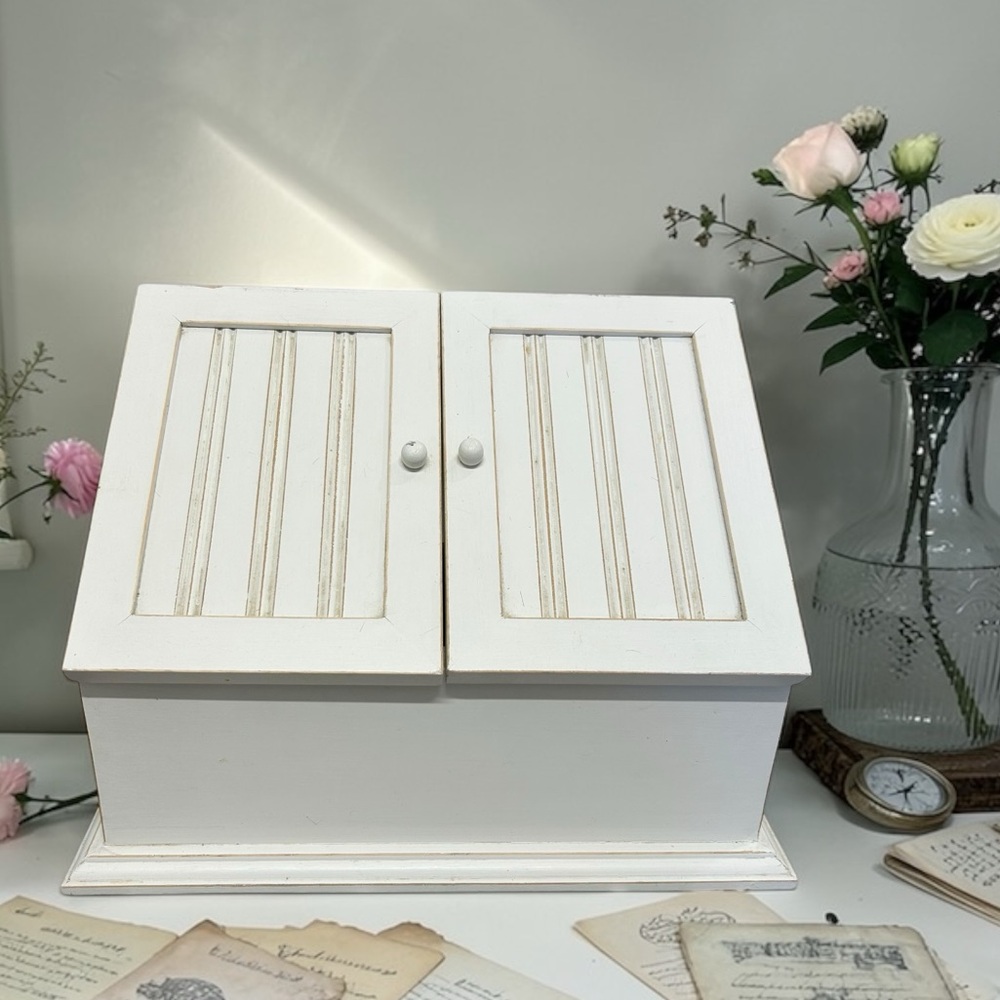 Vintage Eddie Bauer Home White Wood Slant-Front Tabletop Cabinet – Organizer